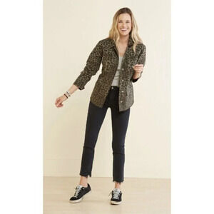 Good American Green Leopard Utility Jacket Pockets Snap Womens Size 1 Small